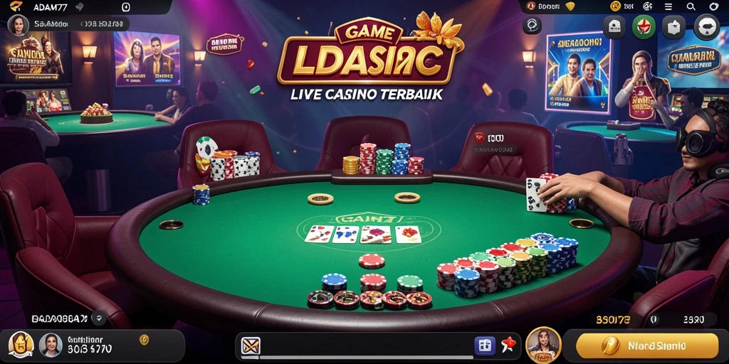 Tangkapan layar ADAM77 menampilkan dealer langsung dan meja permainan Live Casino.